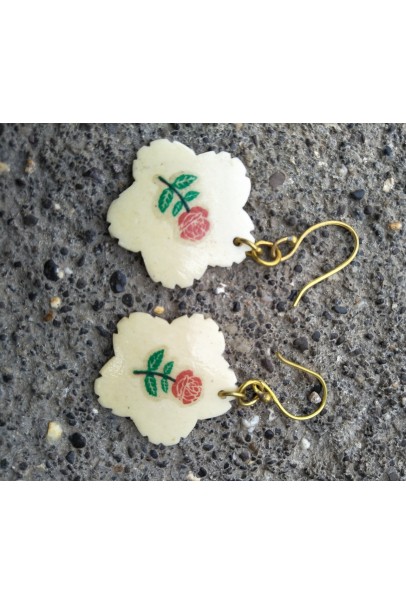 Alphabey's Love Rose Hand Painted Bone Carving Gold Plated Brass Drop Earrings For Women